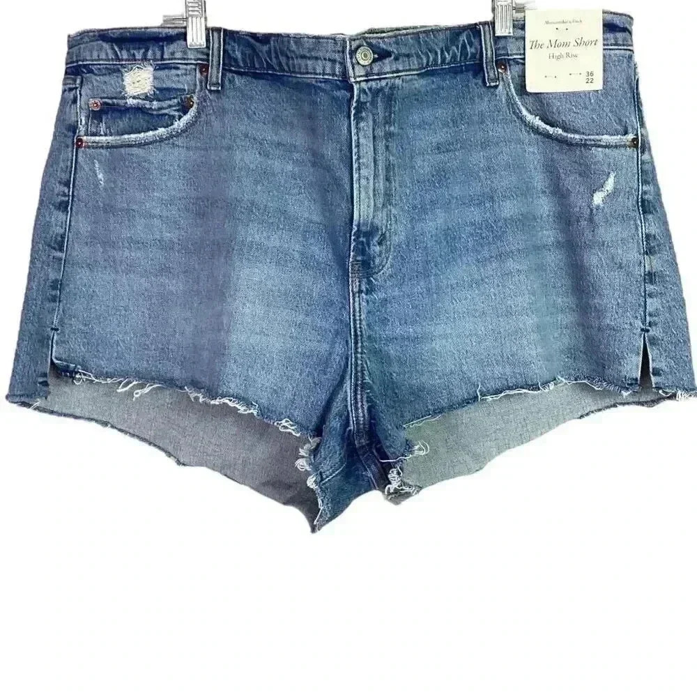 Abercrombie & Fitch Women 22 36 High Rise The Mom Cutoff Shorts Blue Raw Hem NEW